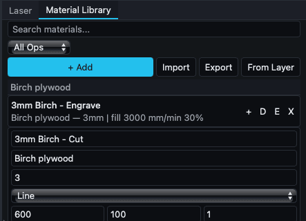 Editing a Material Library preset inline.
