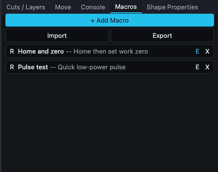 The Macros panel with two saved macros.