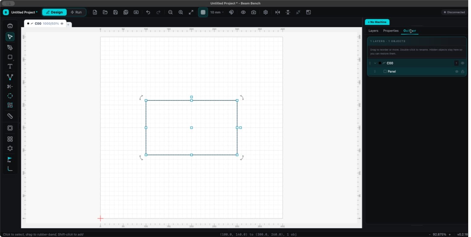 Rectangle nommé sélectionné dans l'Aperçu (Outliner), avec les contrôles de visibilité et de verrouillage.