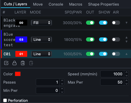 The Cuts/Layers panel with three layers configured.