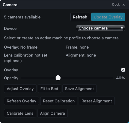 The Camera panel before a camera is configured.
